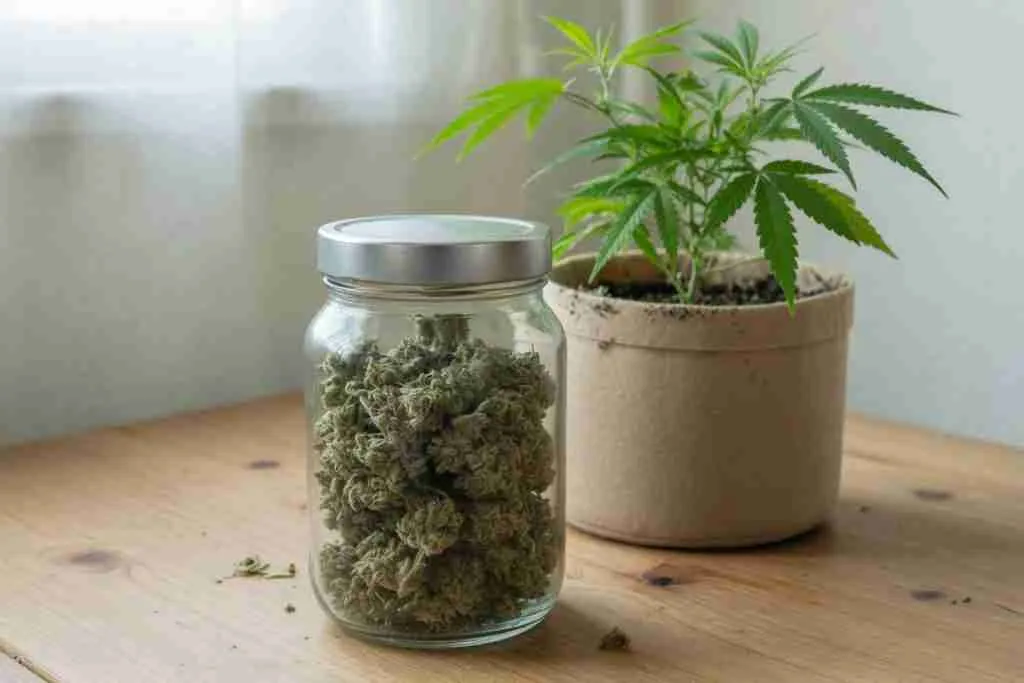 A blank glass jar of cannabis flower beside a living plant