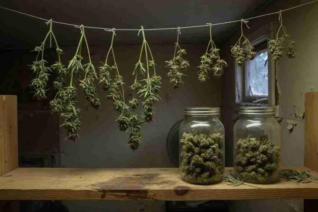 Cannabis branches drying above blank glass jars