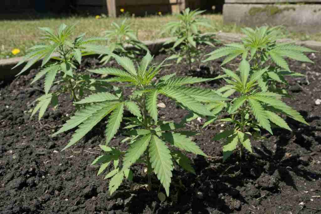 Young cannabis plants in a sunny soil bed