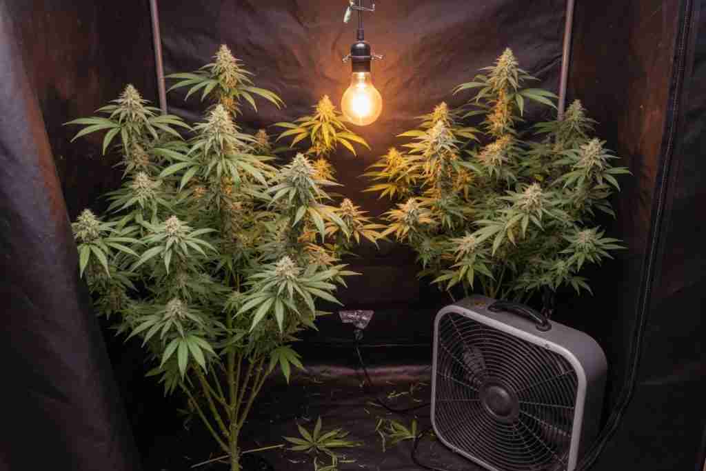 Flowering cannabis under a warm grow light