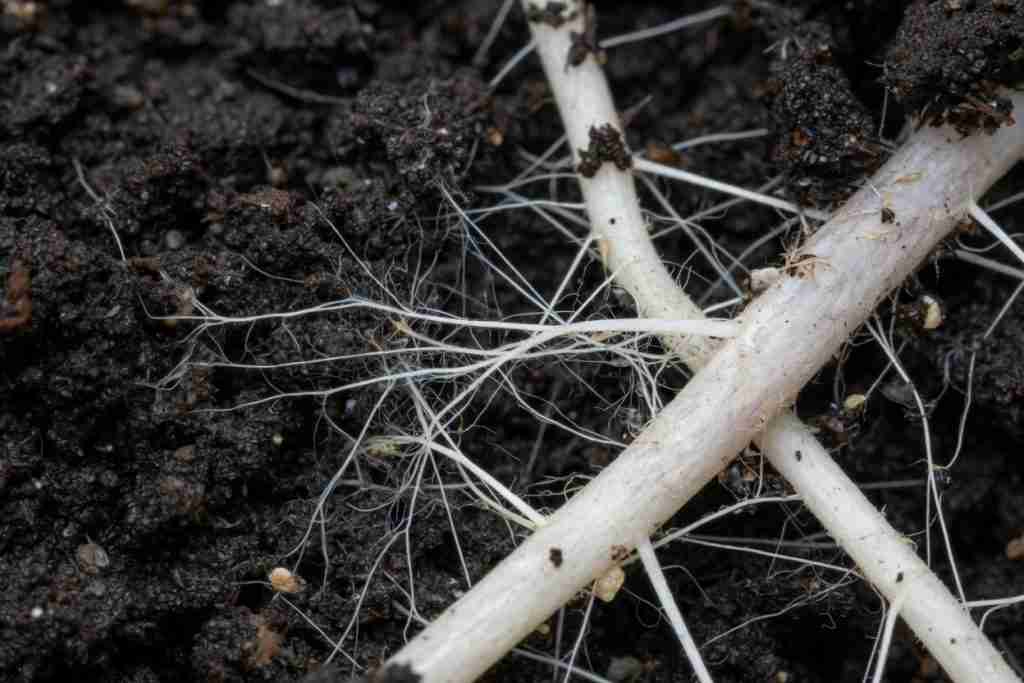 Fine white threads beside a pale root in dark soil