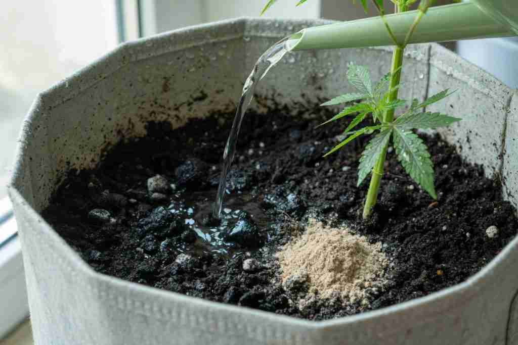 Watering can pouring onto mix in a fabric pot of a young cannabis plant, with a pile of tan powder sitting on the soil surface