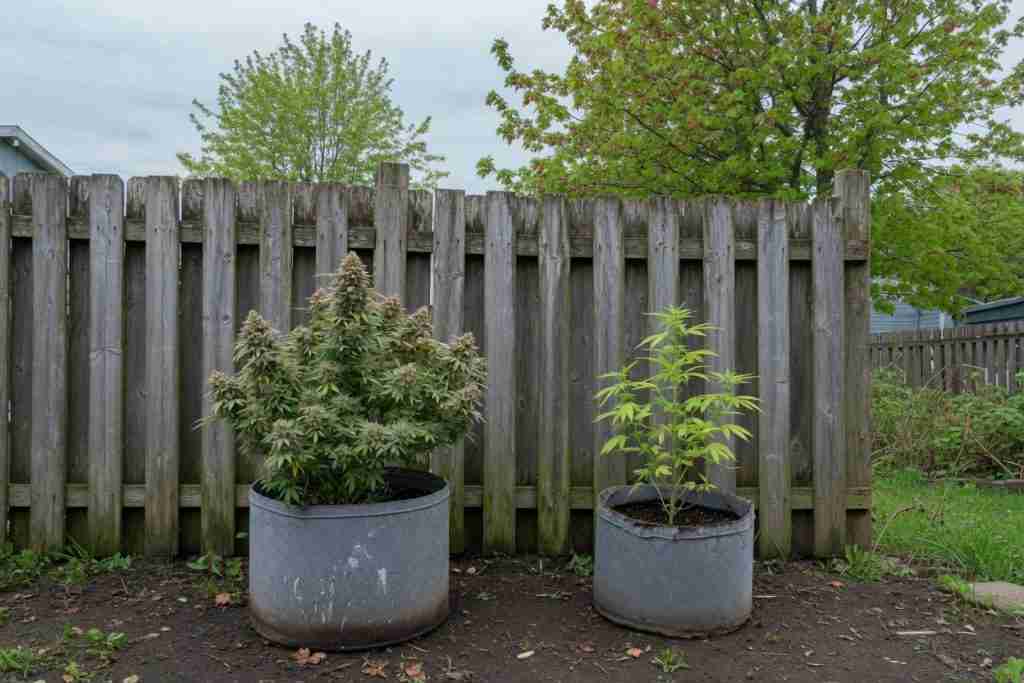 Two outdoor cannabis plants in metal tubs beside a weathered fence, one finishing flower and one still in early veg