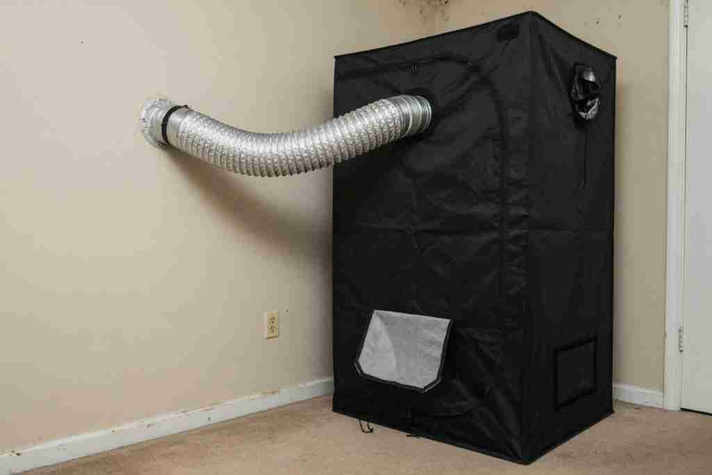 A grow tent with the exhaust duct leaving through the wall and a lower intake vent open