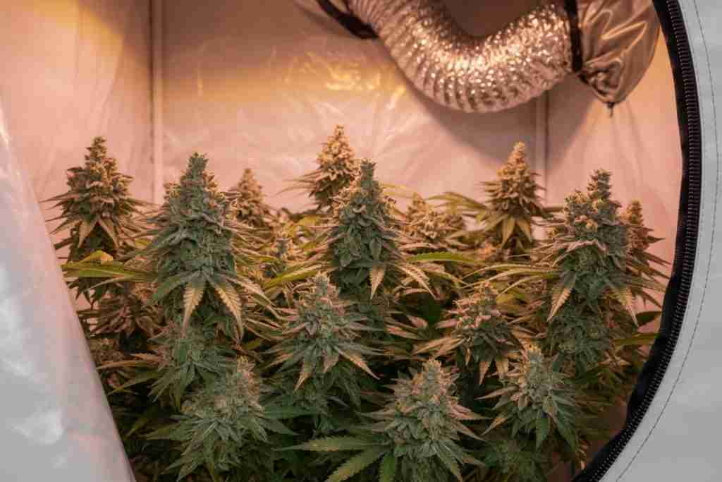 A closed flowering tent with the exhaust duct leaving above dense colas