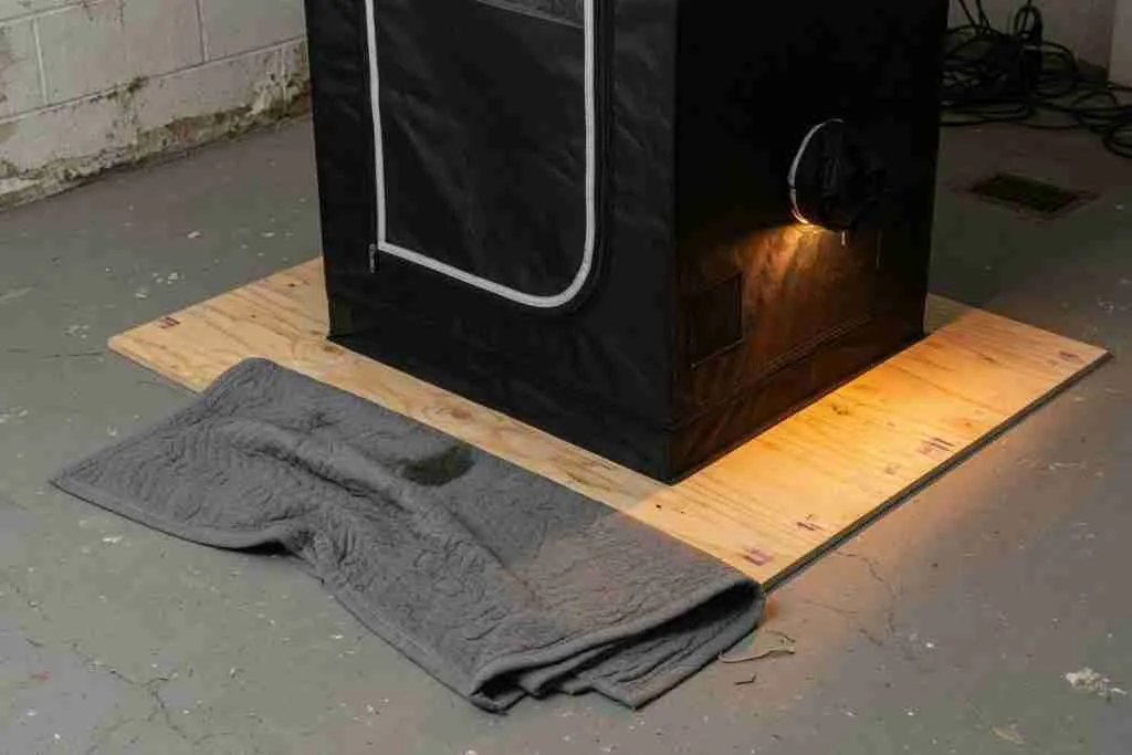 A grow tent raised on plywood over a concrete floor