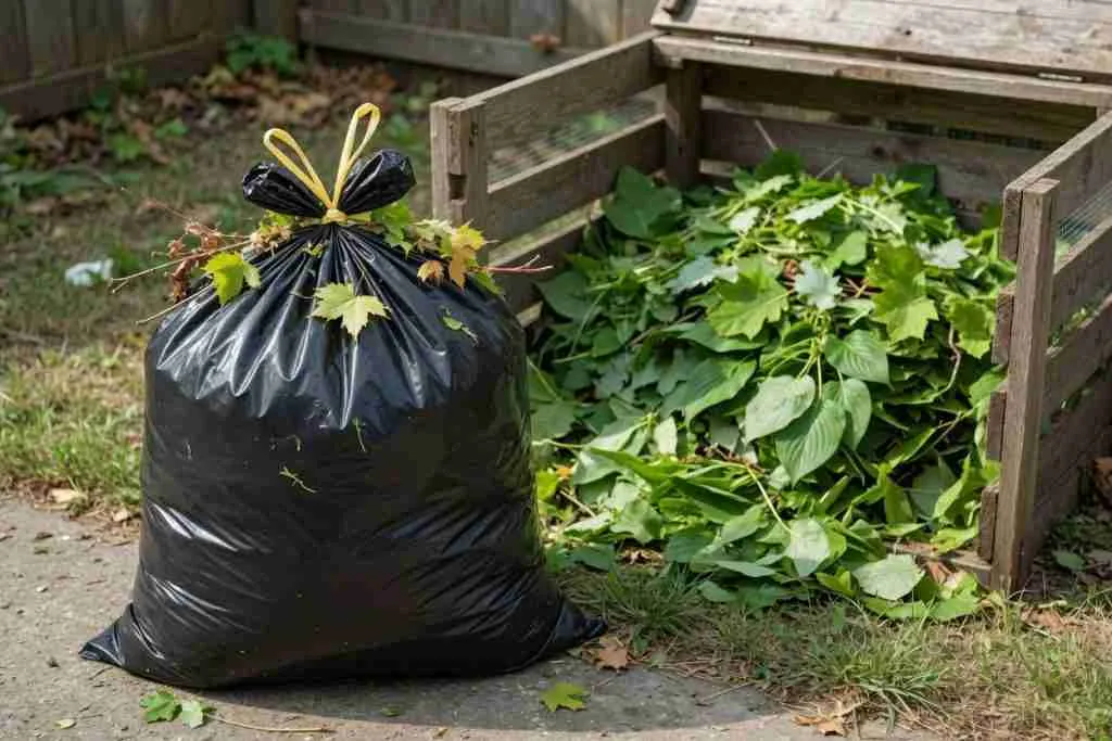 A tied bag of plant waste set apart from a compost bin
