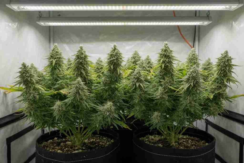 Flowering cannabis under white bar lights