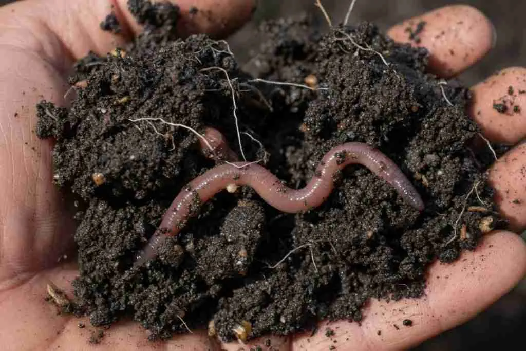 Dark moist soil with an earthworm and fine roots